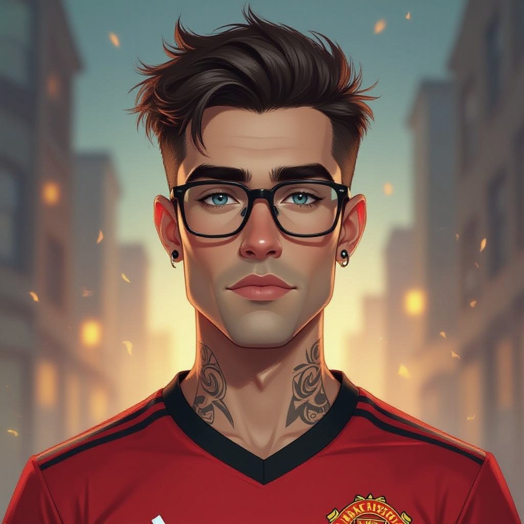 Mężczyzna o krótkich, ciemnobrązowych, włosach. Gładko ogolony. niebieskie oczy. Ubrany w koszulkę piłkarską manchaster united. Duże okulary z szerokimi oprawkami. Podłużna twarz. Bardzo wysokie czoło. Zakola. Wąskie usta, Brwi opadające na końcach. Przymknięte oczy. Bez kolczyków