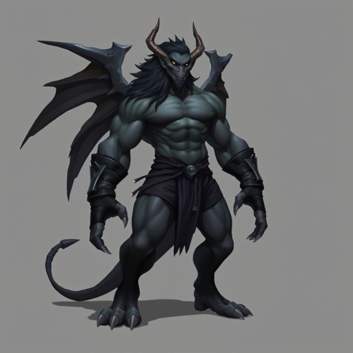 Dark grey gargoyle with strong muscles long black hair with big feet and he only has 4 fingers on both hands he has black shorts on with black gauntlets around his fist