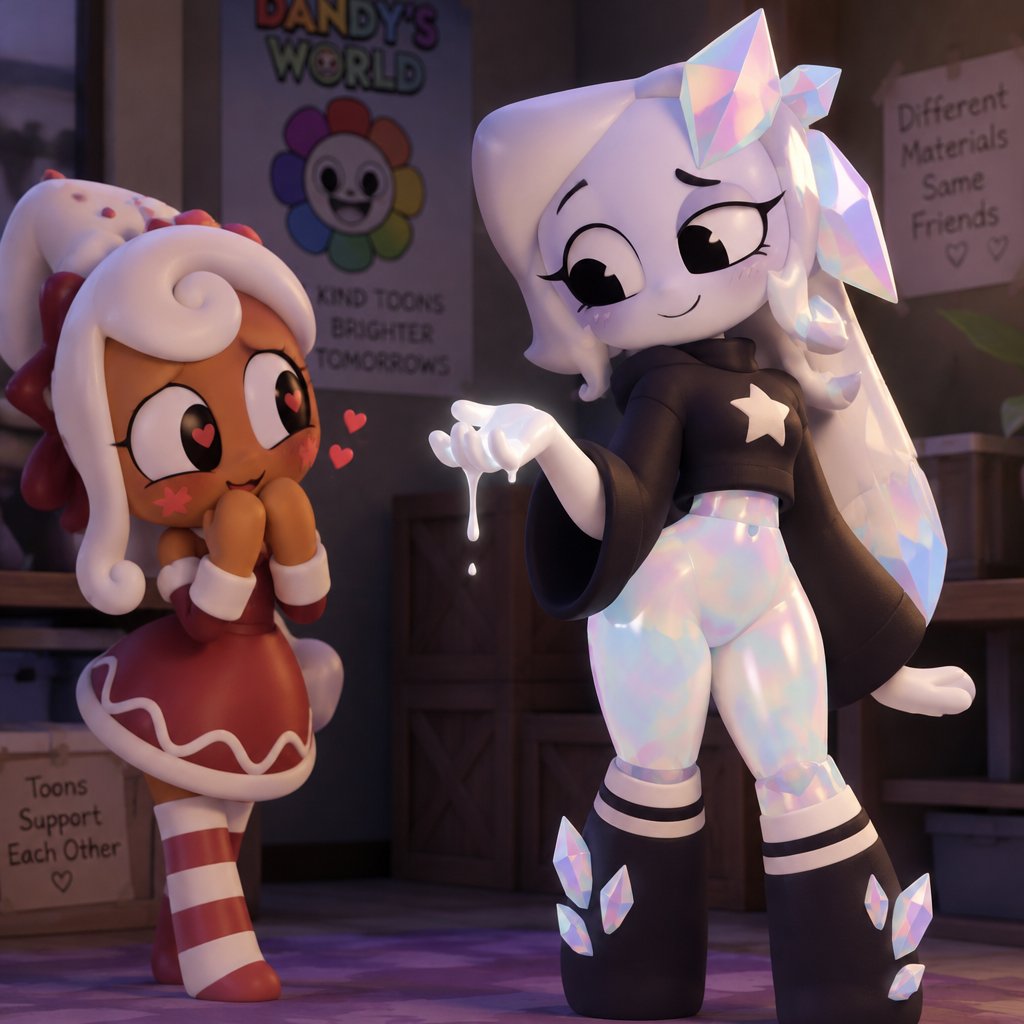 Ginger from Dandy’s world watching my dandy’s world Oc and summer main Crafter the Opalite shard who happens to be Gingers love showing her white Ichor aka Purified Ichor and Ginger notices that her legs and hips and waist are Opalite and the tops of her socks have Opalite crystals on them but she doesn’t mind