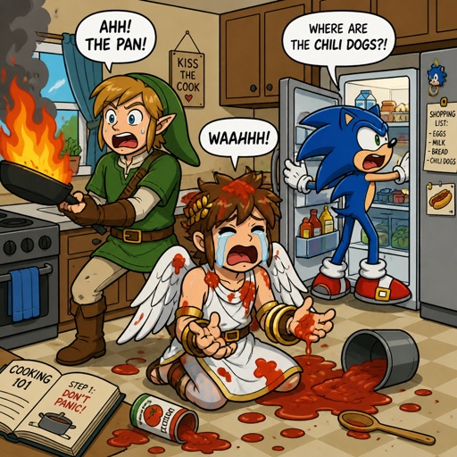 Super smash brothers link from legend of Zelda, pit from kid Icarus, and sonic the hedgehog as a human,in the kitchen trying to make dinner, link accidentally caught the pan on fire, pit spilled tomato sauce on himself and is crying and Sonic looking in the fridge yelling “we’re all out of eggs!”