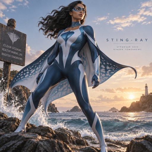 Her name is Sting-Ray, a sting Ray turned into a super hero to help stop extinction of endangered marine life.