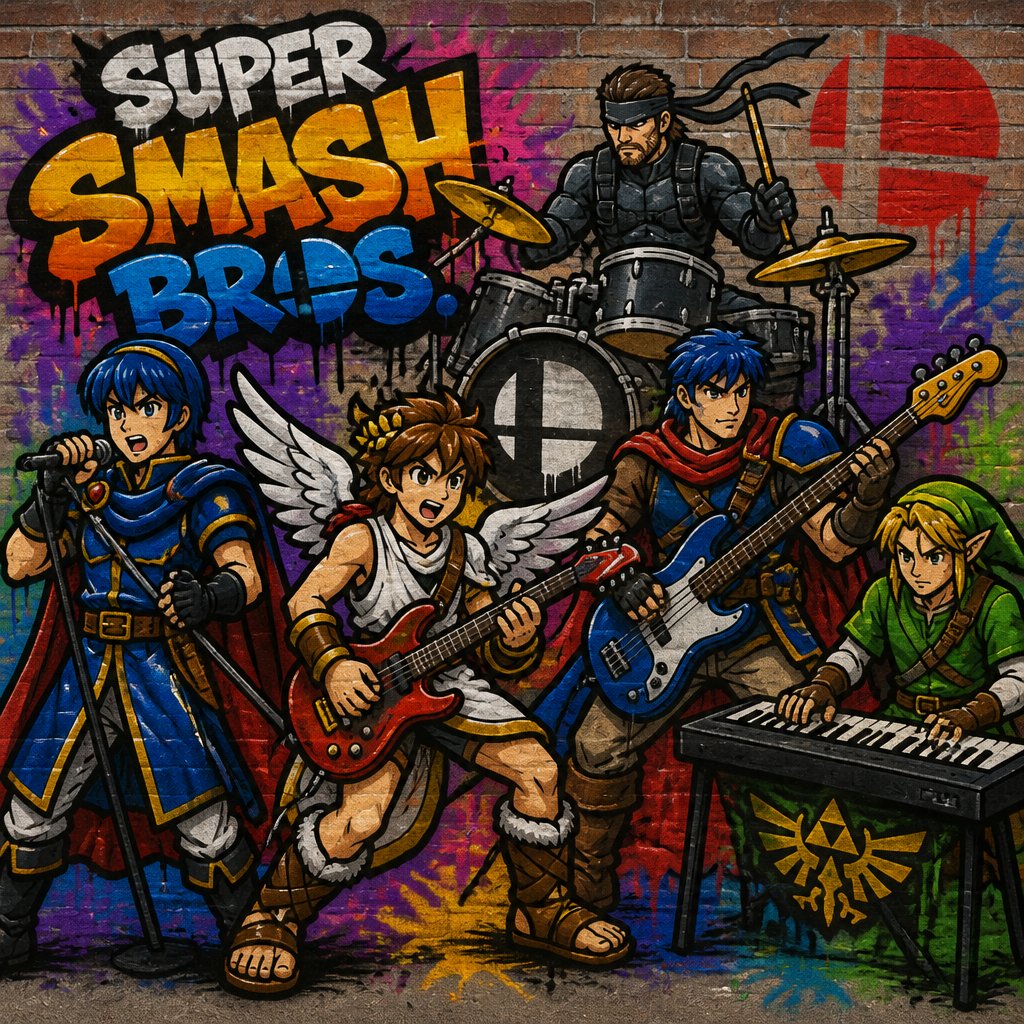 Super smash brothers link from legend of Zelda, pit from kid Icarus, Marth from fire emblem, Ike from fire emblem, Solid Snake from metal gear. There in a band, Marth singer,pit playing the guitar,Ike playing the bass, Solid Snake playing the drums,link playing the electric piano