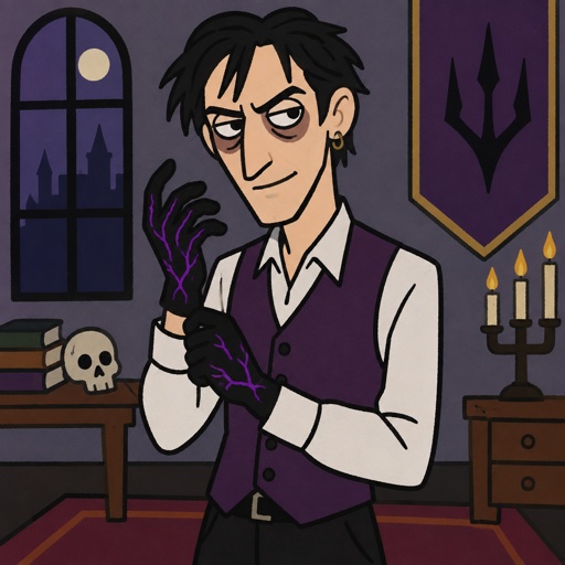 Male, slim, slight eye bags, black messy hair, back hair, brushed side hair, strands of hair in the middle of forehead, ear piercing ring, gloves, purple glowing veins, purple vest, white shirt, no facial hair, bad guy, mid 40s