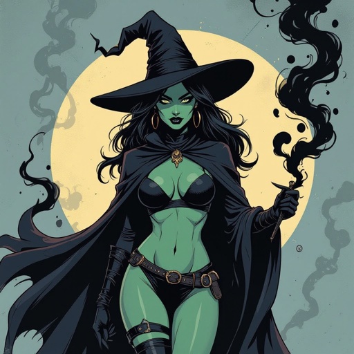 sexy shadow demon witch gypsy slate grey skin large black billowing cloak that emits darkness and shadow smoke. Two piece. Witches Hat.  Wields Black Evil Shadow Smoke Daggers