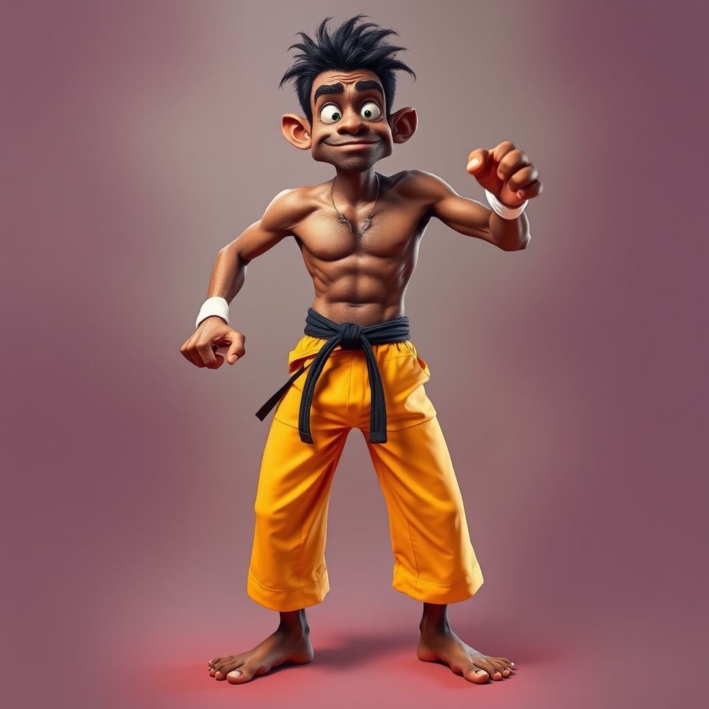 Create a character who looks like a funny African karate guy who doesn’t have a clue what he is doing. Make him have weird toes, only speedos on and a black karate belt. Make him tal skinny and slinky.