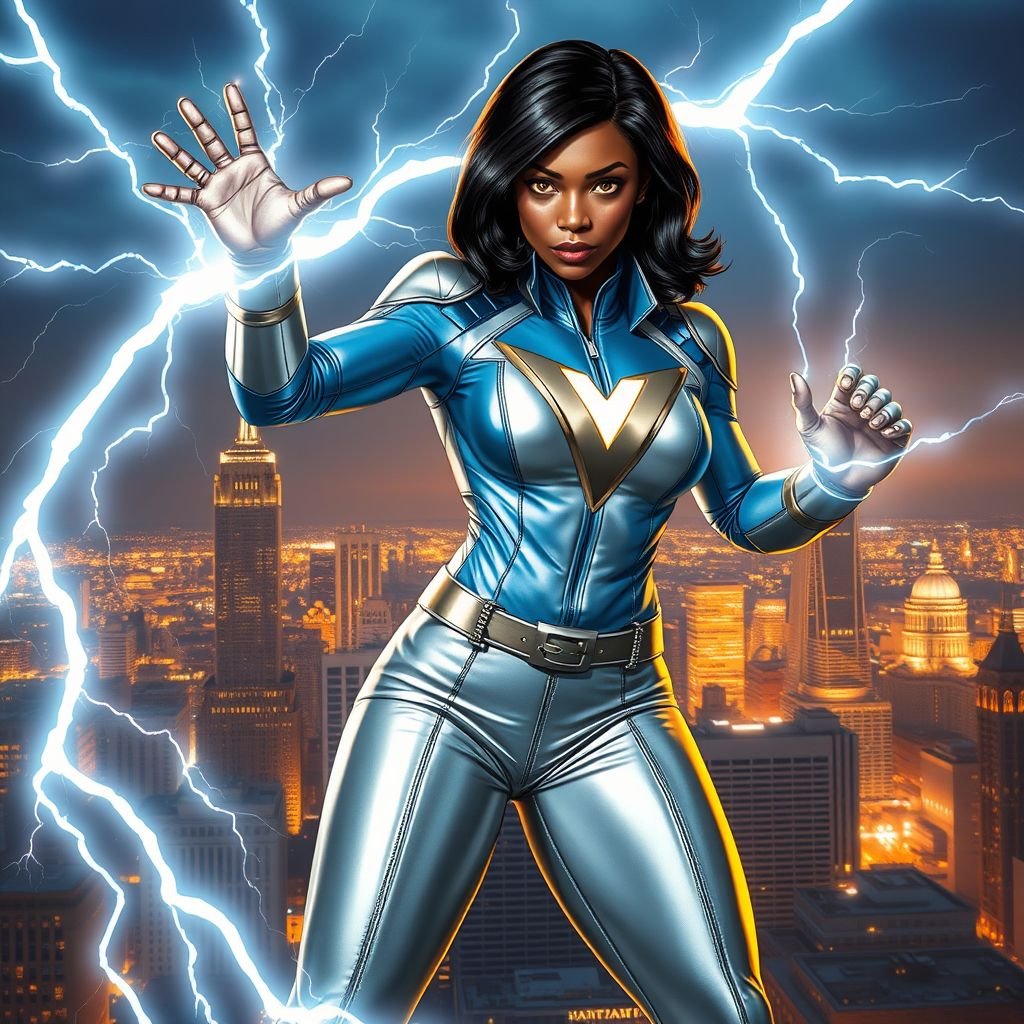 African American female superhero with hair in a shoulder length side part hairstyle with pure Gold glowing eyes wearing a leather light blue white and silver suit with light blue pants and silver boots and a V as her chest emblem controlling a storm in Philadelphia