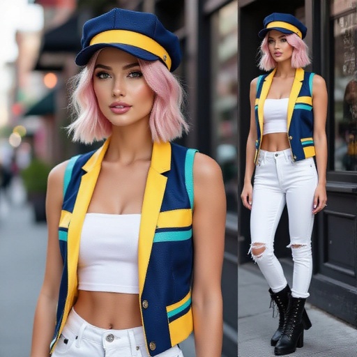 Pretty blonde and pink hair in a Bob Haircut wearing a stylish Indigo cap with Yellow band and small Teal stripes  she wears a matching open Indio, Yellow, and Teal vest and a low cut white  tube top and white torn skinny jeans and  black high combat heel boots
