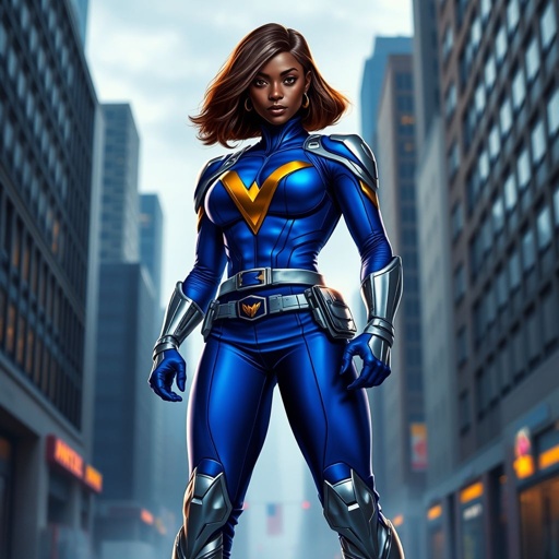 African American female superhero with hair  in a shoulder length side part hairstyle with pure Gold Glowing eyes wearing  slightly armored royal blue and silver accented suit with royal blue pants and silver knee length boots with a utility belt with a gold V  as her chest emblem in Philadelphia 