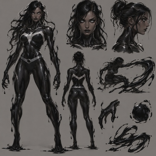 Female Superhero with black goo abilities, simple costume, body made of black goo