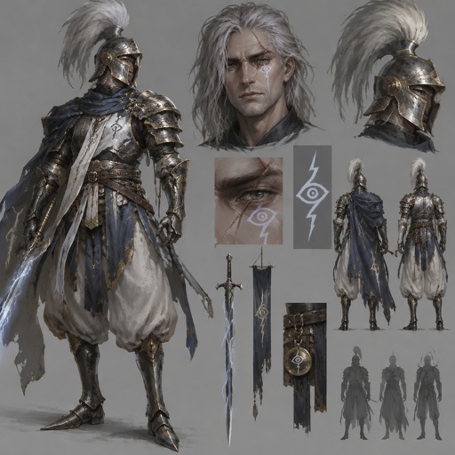 lightning knight, plume helmet, grey hair, eye of the storm mark, baggy pants, scar eye