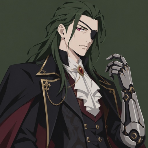 Male,green long brushed back hair,one pink eye the other eye is blind,pale skin,fancy, robotic arm