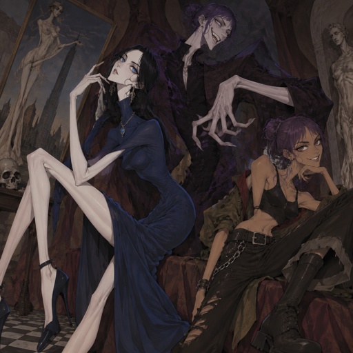 Three siblings, Female name Liz, oldest, tale, pale, beautiful, very call expression, mysterious, black hair long curtain bangs style, bright blue eyes, wearing a dark blue long turtleneck dress, high heels, eye liner,dark eye shadow,red lips, wearing jewelry, Anime style, Agent Ward male, middle child, made to be a weapon, highly skilled, emergency backup case he gets out of control, hair violet messy bun, clean shaven, night vision eyes no goggles, sharp teeth, dark power, tall, intimidating, big grin, he's used as an emergence backup weapon, Female Ann, youngest sibling, medium hight pale, tan, blue eyes, vivid purple dim hair in a messy bun her front hair is swooped down in her right side, mischievous smile, rebel/ grunge clothe style