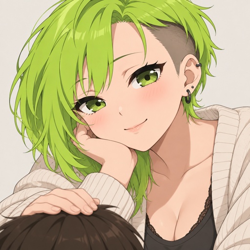a woman with green hair and green eyes