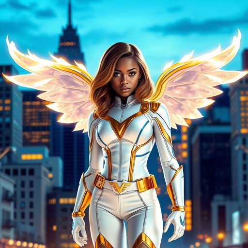 A teenage African American female superhero with brown hair with gold highlights in a shoulder length side part hairstyle with pure Gold Glowing eyes wearing a white suit with gold and royal blue with white pants and gold and white knee length boots with a utility belt with a gold V as her chest emblem with glowing wings made of white fire in Philadelphia