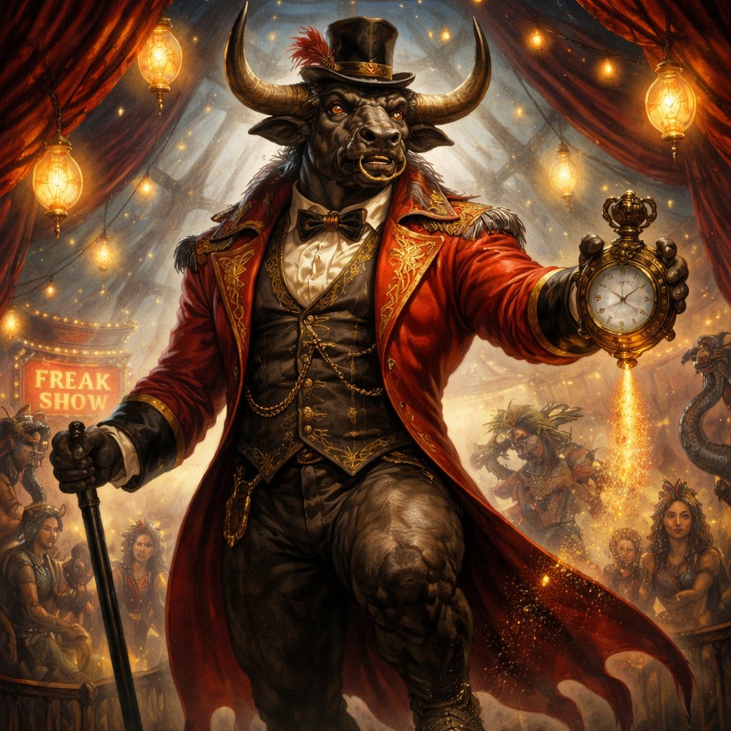 Minotaur with a well~proportioned figure that works at freak show as ringmaster. That has gifts/abilities like Reality Rejection, Time Manipulation (Chronokineses), Zoolingualism (Language of Cattle only), Human Speech.