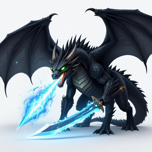 A black dragon with green eyes and black spikes along its back with blue fire coming out of its mouth.holding an electric sword 