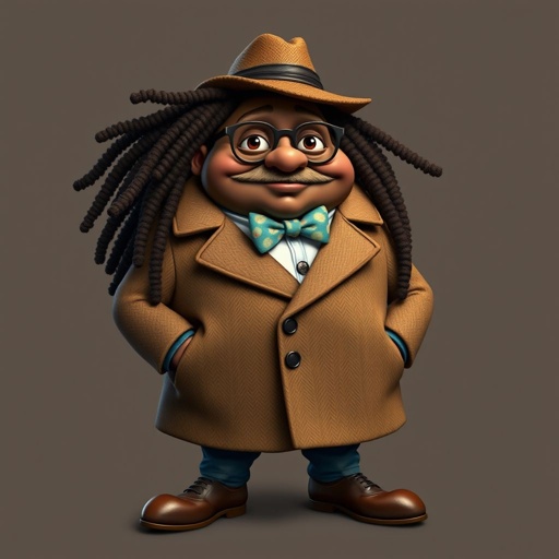 Create a funny fat character similar to Sherlock Holmes, but make him of black decent and with dread locks. Show his whole outfit including his shoes.