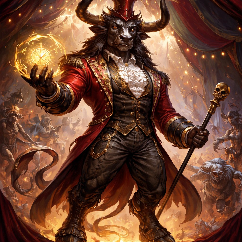 A Steppe bull Minotaur with a well~proportioned figure that works at freak show as ringmaster. That has gifts/abilities like Reality Rejection, Time Manipulation (Chronokineses), Zoolingualism (Language of Cattle only), Human Speech.