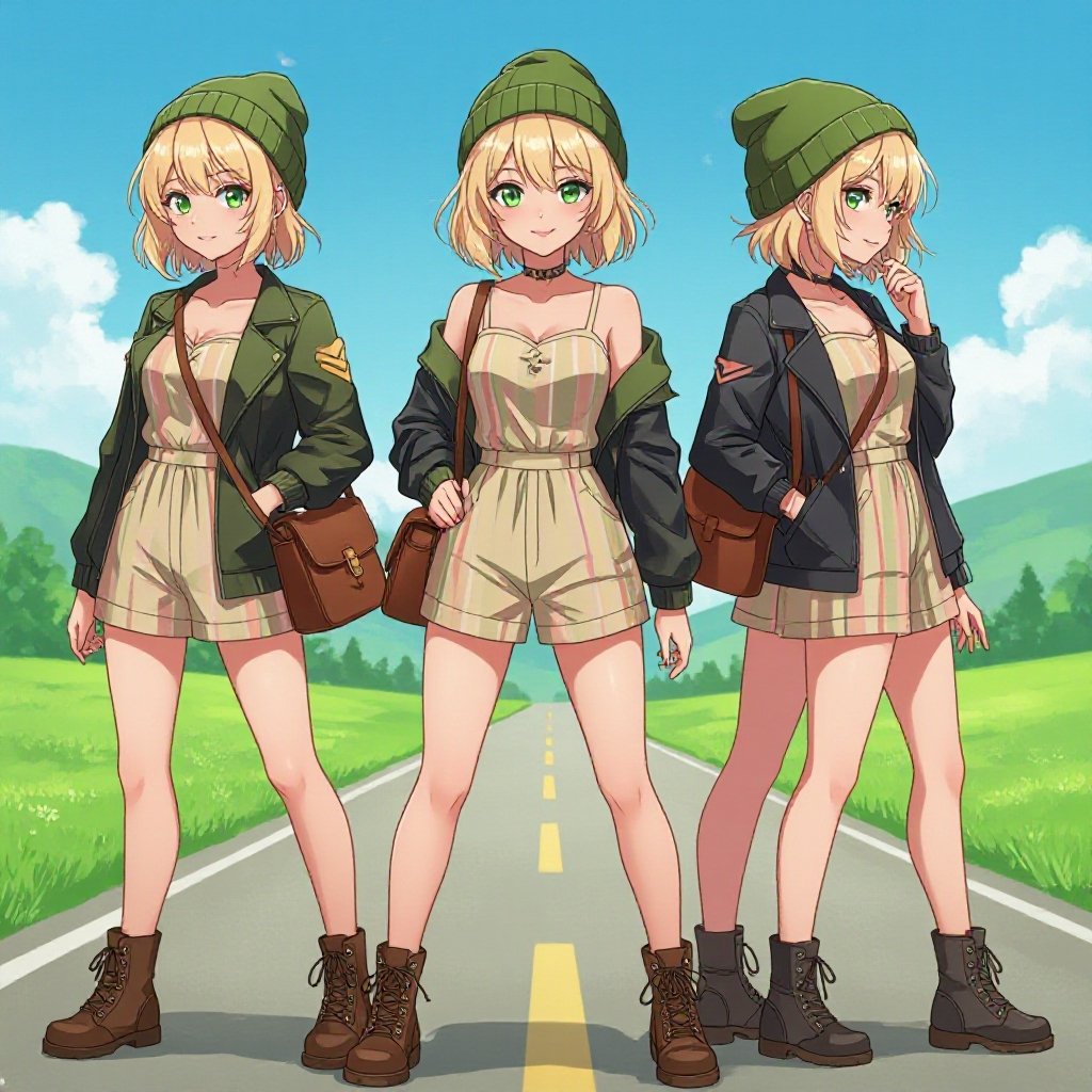 Full-body illustration of Veronica White in a bright, semi-realistic anime-inspired art style consistent with Wolfey’s image. She stands confidently on a sunny travel route surrounded by grass, trees, and distant hills under a clear blue sky. Veronica is a cheerful young woman with a short blonde bob and green eyes, wearing an olive beanie, a beige romper with subtle pink and yellow stripes, a black jacket, a brown satchel slung across her shoulder, and black lace-up boots. Her proportions follow the 8-heads human anatomy rule with natural posture and expressive warmth. Lighting is daylight, vibrant, and adventure-themed.