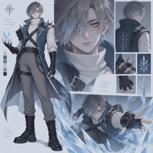 Male, pale, pale blue eyes, eye bags, short grey choppy hair with light blue tips hair covering one eye, white turtle neck long sleeves , blue sleeveless short trench coat, long fingerless gloves, grey pants, belts across chest, spiked on shoulders, ice powers,  