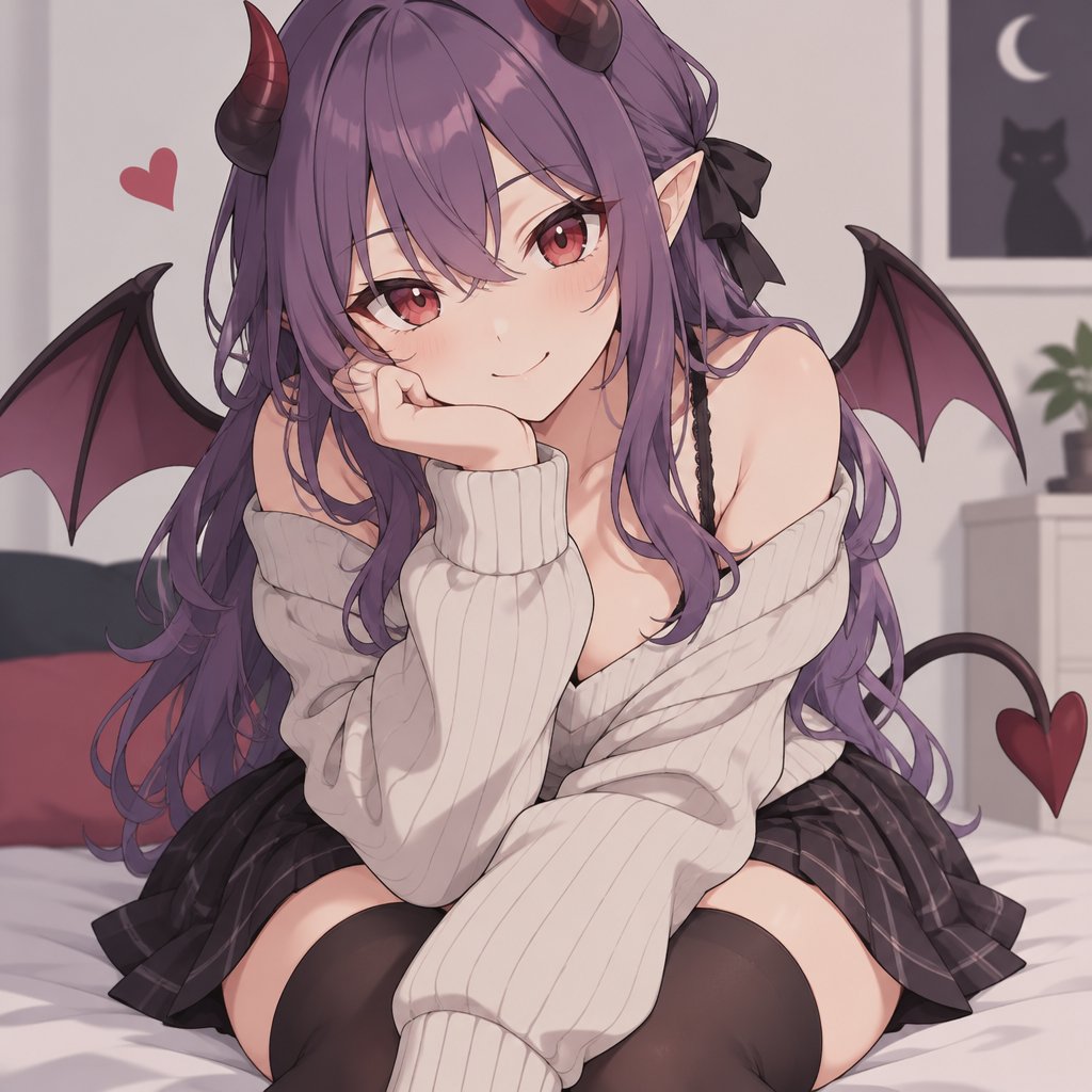 Young succubus,sweater, skirt, purple hair, red eyes