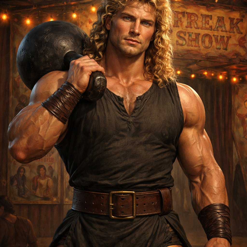 tall well~proportioned male, so handsome he looks like a Greek god with muscles. With deep-set blue eyes and strong brows, and a peaceful but determined expression on his face. His hairstyle is a curly blonde mullet. He works at freak show as a strong man. His outfit consistsed of a Charcoal-toned sleeveless Greek tunic, thick leather belt, leather wristbands/cuffs, brown pants.