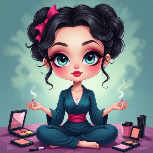 Create a chibi character mid 30’s lady who is the meditating with makeup stuff