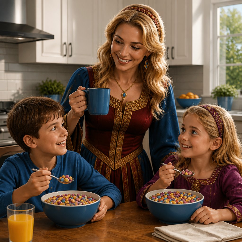 a woman and two children are eating cereal
