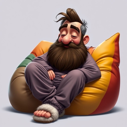 Create mid 30 character  who is lazy as heck. And you could tell from his face and his entire outfit. Make is funny and the style of the graphic photographic 