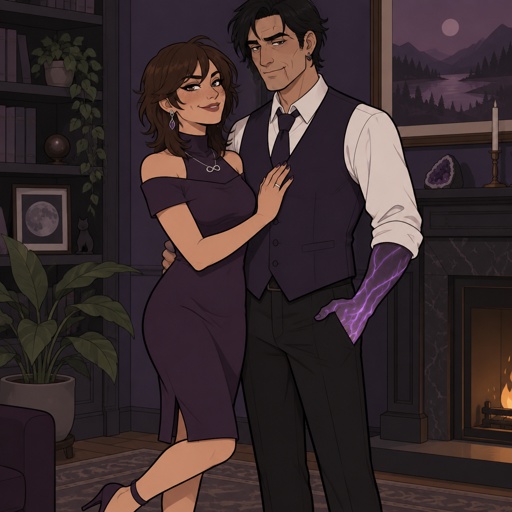 Female, slim, straight brown neck length wolf cut hair ears completely covered by hair, freckles, dimples, long eyeliner, upturned nose, bad guy, knee length purple dress off the shoulders, jewelry, necklace infinity symbol, heels, wedding ring, smirk, no cleavage showing, Male, slim, black messy hair, back hair, brushed side hair, scar on upper and lower lip, ear piercing ring, mid 40s, glowing purple hands, purple glowing veins, bad guy, purple vest, white shirt, wedding ring, clean shaven