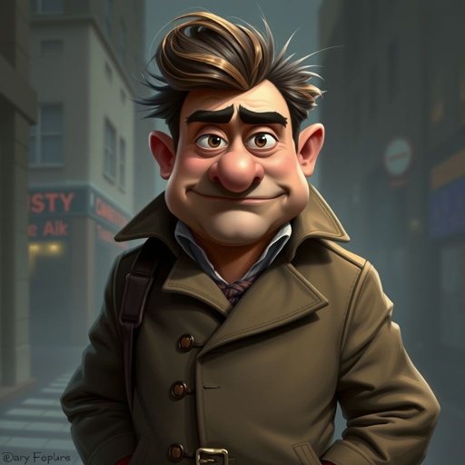 Create a character who is a goofy looking detective, who is confident. But funny looking and grouchy . With cool shoes on.
