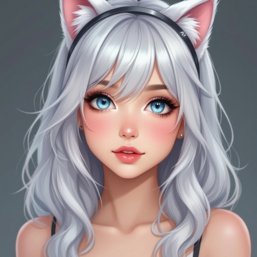 Cat ears on a girl with silver hair and blue eyes 