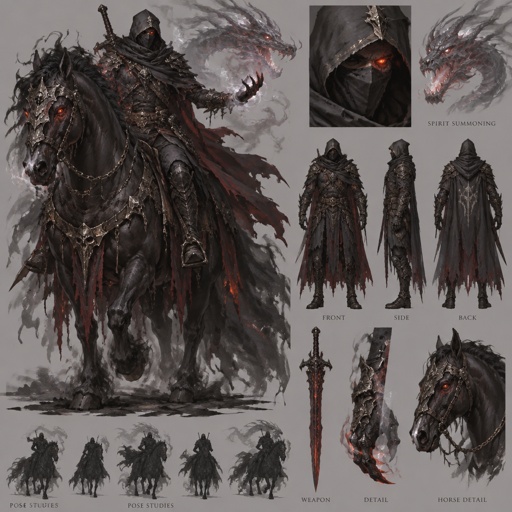 dark assassin, dragon eye, large horse companion, spirit summoning abilities, horseman of the apocalypse