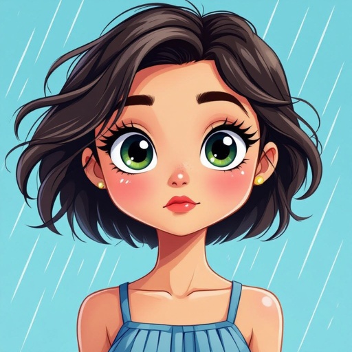 🎨 Render Prompt — Maerriss Nex “Flight on the Docks” (Pleated Skirt Revision)  A semi-realistic fantasy painting of Maerriss Nex, a Half-Drow (Half-Elf) woman inspired by Emma Watson, running across the wet docks of Eendood in the pouring rain. Her skin is light ash-gray with faint violet undertones, and her eyes glow pale molten-gold with gray sclera. Her white-silver hair is loose, tangled, and soaked by wind and rain, whipping behind her.  She wears a pale linen frilled blouse, visibly worn from her escape — the right shoulder seam torn, exposing only her collarbone, while the sleeves are dirt-stained, frayed, and ripped from catching on splintered docks.  Her slate-gray reed-weave skirt follows the high-waisted, thigh-length pleated design from the reference: structured waistband, deep vertical pleats, and natural motion as she runs. The skirt is wet, heavy, and frayed at the edges with small tears at the hem.  Her white thigh-high stockings are muddy and torn at one knee. She is missing her left boot, revealing a bare, wet, muddy foot, while her right boot remains laced, scuffed, and soaked.  Rain glistens on the wooden planks beneath her as brass lanterns cast warm reflections across the puddles and fog. Her expression is fierce and determined, caught mid-stride, her blouse and skirt flaring with the motion, the storm wind and lantern glow giving the scene cinematic energy and realism.   Run it