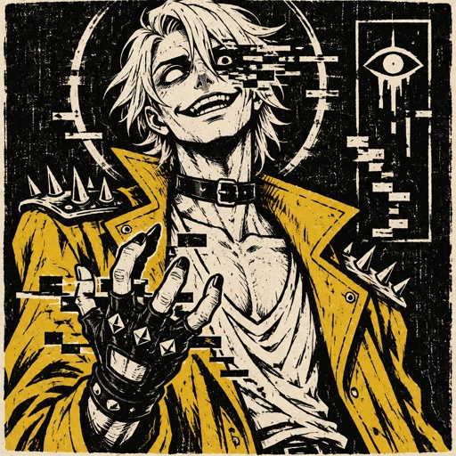 Male, cheekbones, white hair, smooth on top spiky on the bottom, neck length, white eyes, yellow trench coat, metal spike shoulder pads, black choker, low cut white shirt, fingerless gloves with spikes, insane smile, glitch powers, one missing glitchy eye, slim