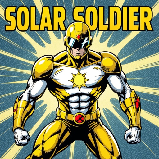 SOLAR SOLDIER. Blinding yellow and white bodysuit. Helmet with Visor. Insignia is scientific symbol of the Sun ☉