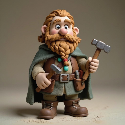 Create a stocky dwarf with a weathered face, braided beard tucked into his belt, and straw-tousled hair. Wears a soot-stained cloak over a leather smith’s vest, tool belt with hammer and chisels, heavy boots. Subtle turquoise rune glow from a pebble at his neck,