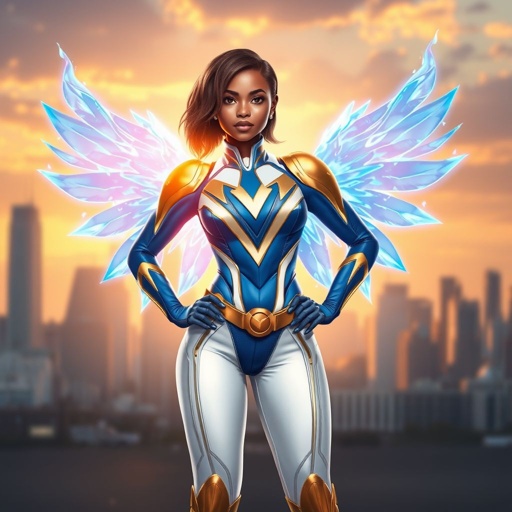 A young African American female superhero with shoulder length hair in a side part style wearing a blue and white suit made of spandex like material thatās slightly armored with gold accents with white pants and gold boots with a stylized V as her chest emblem with wings made of blue fire standing in Philadelphia at dawn