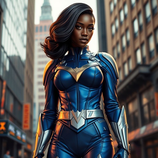 African American female superhero with hair  in a shoulder length side part hairstyle with pure Gold Glowing eyes wearing  slightly armored royal blue and silver accented suit with royal blue pants and silver knee length boots with a utility belt with a gold V  as her chest emblem in Philadelphia 