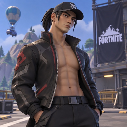 Carter wu from Fortnite, pony tail, jacket with no shirt, cap