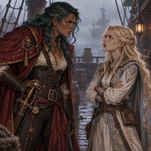 D&D style digital illustration: a foggy ship deck setting where a tall, strong woman with tan skin, freckles, brown eyes, and wavy teal hair scowls from beneath a red pirate cloak. She is arguing with a thin, elegant woman wearing a pastel embroidered adventuring outfit; the slender woman has long pale blonde hair, wide brown eyes, and a frustrated expression, arms crossed tightly as she admonishes the larger woman.