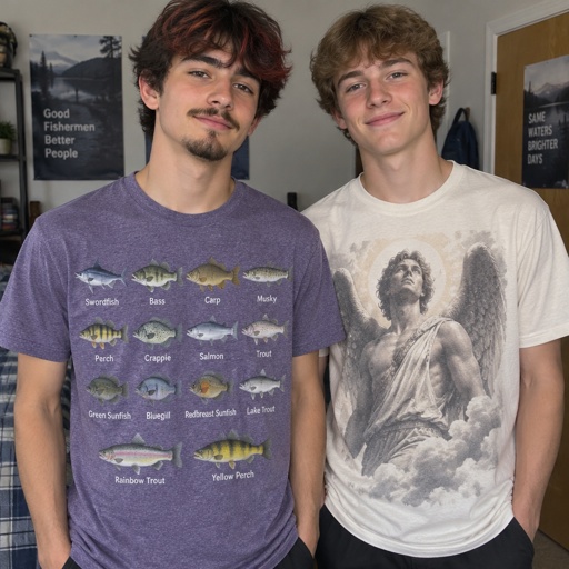 Teen Boy, Swordfish Bass Fish Carp Fish Musky Fish  Perch Fish Crappie Fish Salmon Fish Trout Fish Green Sunfish Bluegill Fish Redbreast Sunfish Lake Trout Fish Rainbow Trout Fish Yellow Perch Fish Printed Purple Heather Shirt, Pencils Mustache, Goatee Beard, Muscle Human & Teen Boy, Angel Man Print Shirt, Black Brown Red Hair, Pencils Mustache, Beard Goatee 