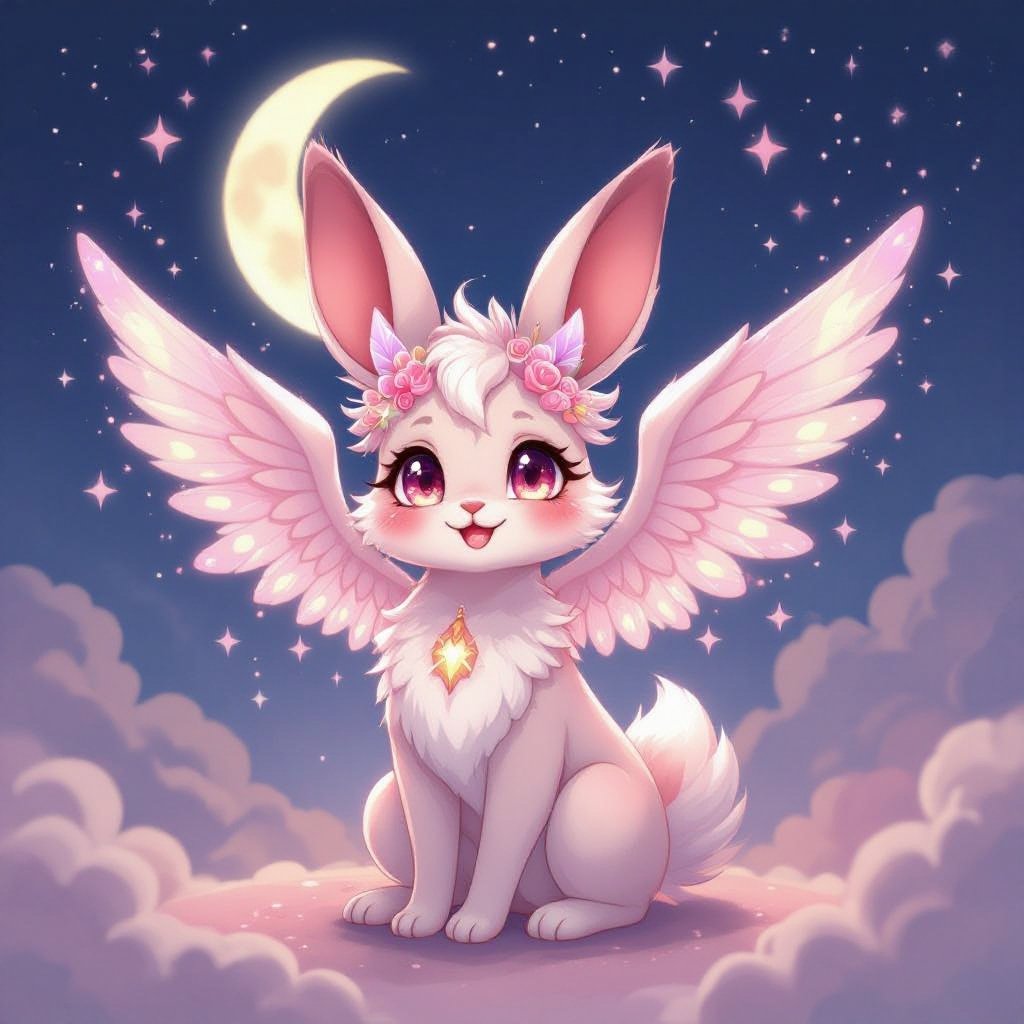 Your fursona —Blushbane:  A celestial hare born from spilled moonlight and melted strawberry ice cream, who stitched its own wings from night clouds and sugar lace. Its horns hum softly when it casts charms, and its fangs glimmer like rose quartz under candlelight. It communicates in chime-like hums and smells faintly of vanilla smoke.