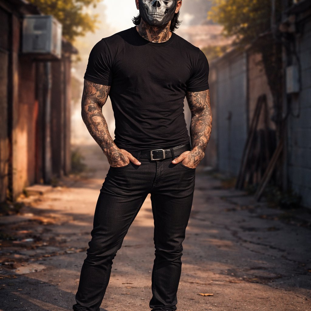 Slim muscular build olive skin dark hair in a super short mullet with burst fade dark honey sultry eyes tattoos on arms neck chest and back and legs wears black tshirts and slim fit jeans with black vans sneakers with a ghost from call of duty mask