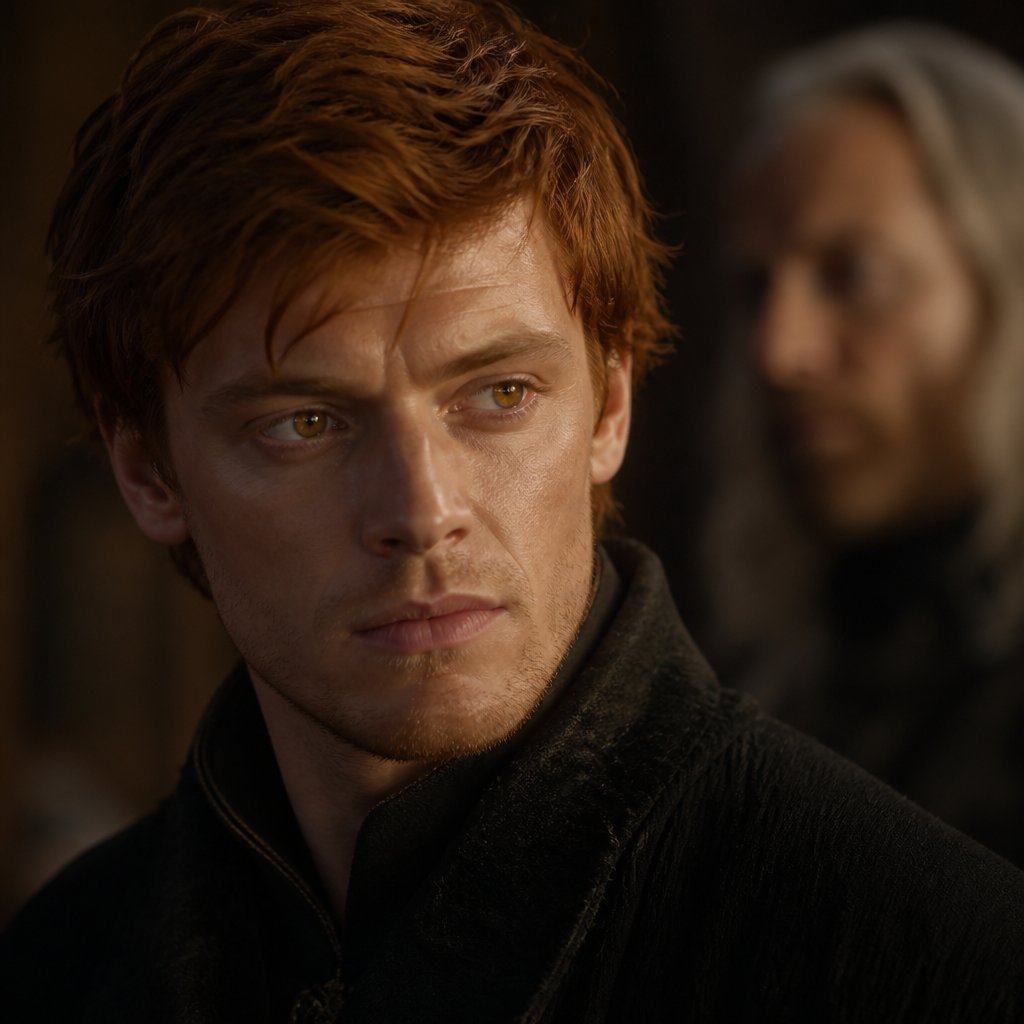 Valko with short auburn hair and golden eyes from love and deepspace
