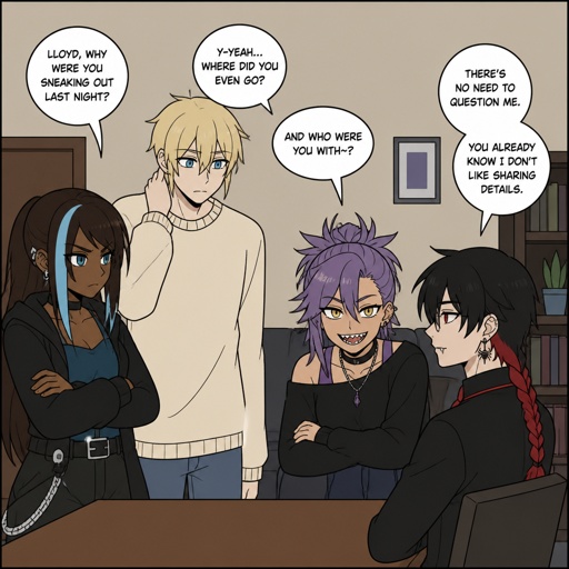 Anime style, Ruby she's dark skin with brown hair and light blue, streak, serious, intimidating, makes sure she gets all the answers she needs,very good at interrogating the suspect, is very loud, being calm is hard, loves tea, she cares about her partner gray but doesn't know about gray's feelings to her, she occasionally will smile a lot.Agent gray nice wave blond hair, tallish, nice, doesn't wear glasses, cares about partner, shy, good at his job, very organized but when a lot of work happens all at one and there's a limited time he can get very disheveled, likes his partner agent Ruby but to scared to admit it, smart, can work in any situation,energy drinks,can unintentionally be funny. Anime style, Agent Ward male, he was made to be a weapon, he is highly skilled, emergency backup case he getsout of control, his hair is a violet messy lose bun, clean shaven, night vision yellow eyes no goggles, he has sharp teeth,he has dark power, he is intimidating, big grin, he's used as an emergence backup weapon, is not allowed to drink any caffeine drinks. Anime white male, name Lloyd, hair messy long one loose braid, black hair with light red stripes, clean shaven,red eyes, long scary fingers spider fangs,glasses, sarcastic, cold, laugh mockingly, traumatized,was a unwillingly experiment many years before getting rescued, no memory of his past, has power of a spider, poisonous makes spider webs with his hands, can communicate and control spiders, on right arm a print says sub 389, doesn't remember anything from his past,very dangerous, being taken care of in a special agency.there all in the same room asking Lloyd questions,as a comic 