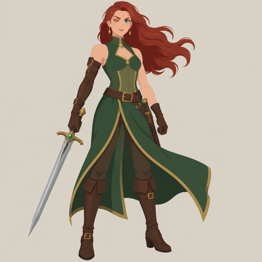 A princess,red hair swaying on the right side,green eyes,right eye is scar and blind,she is wearing a green sleeveless dress that splits in the middle an with golden rims on the bottom of dress,brown pants underneath ,she wears a light green corset with the top on her neck loose and golden rims on top,wearing a brown belt with a sheath,brown boots,has an unmatched sleeve on right arm,brown gloves,earrings,a beautiful sword with a diamond in the middle 