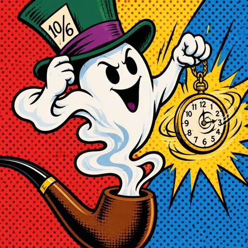 A ghost coming out of a tobacco pipe like smoke  with the mad hatter hat on is checking his pocket watch that is going crazy