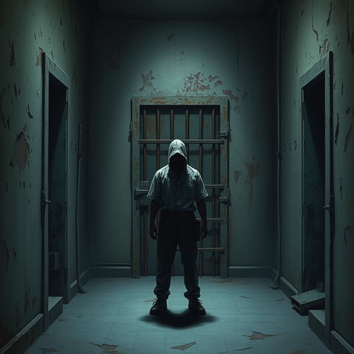 Create this background hall inside was dim, paint peeling in sheets. A metal door led to the cell block. Six cells, all empty. A cracked toilet in each. Rusty bunks, stale air, dust everywhere. No character just background