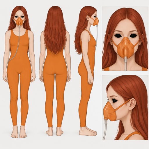 Female wearing an orange one piece legs covered sleeveless feet showing, red long hair, completely black eyes, orange breathing mask, 15 years old 
